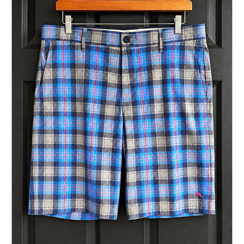 Tommy Bahama Men’s Performance Plaid Flat Front Shorts Stretch Zip Pockets